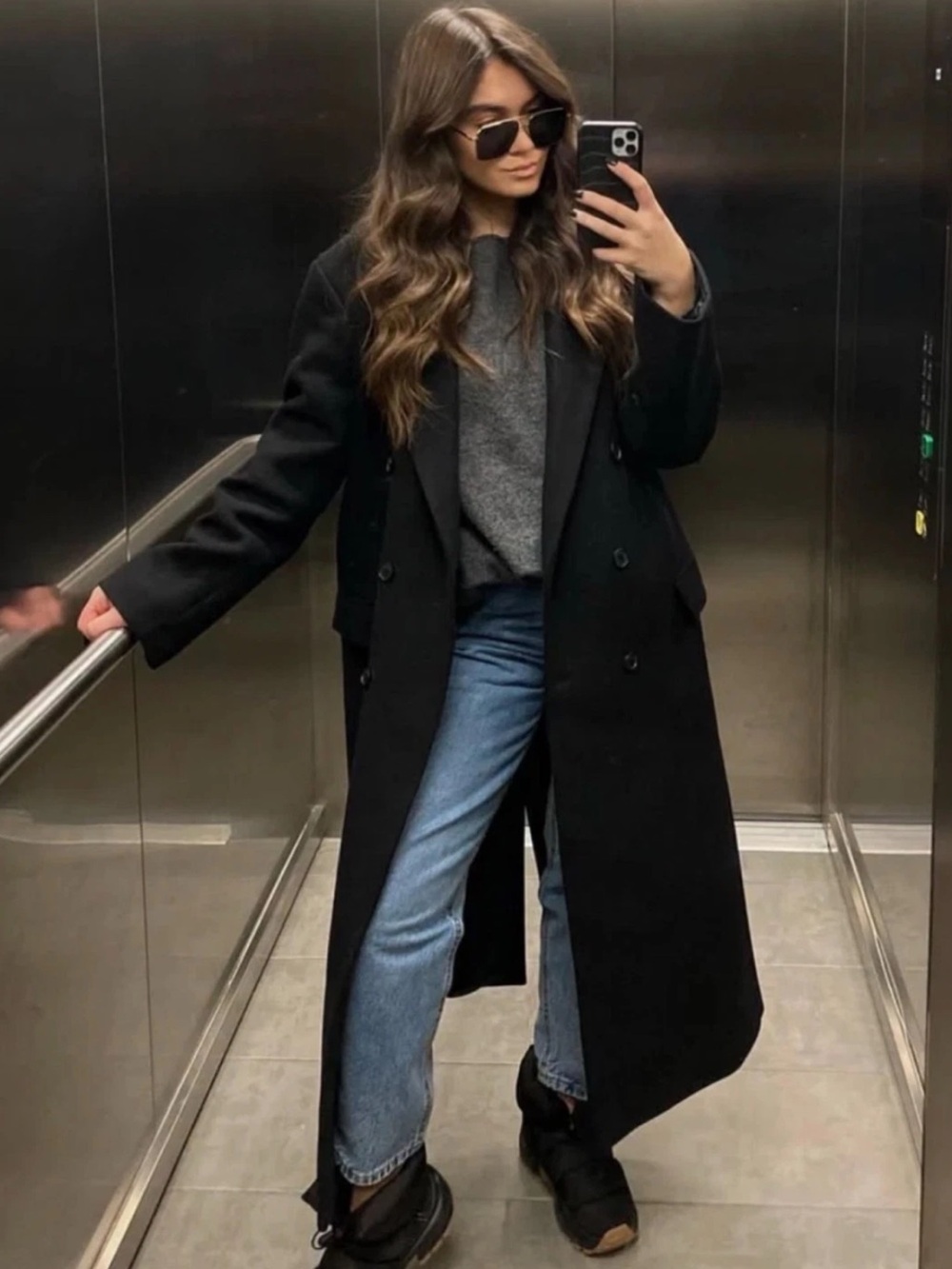 Double breasted Black Long cashmere blend woven in Italy coat sz L/ XL